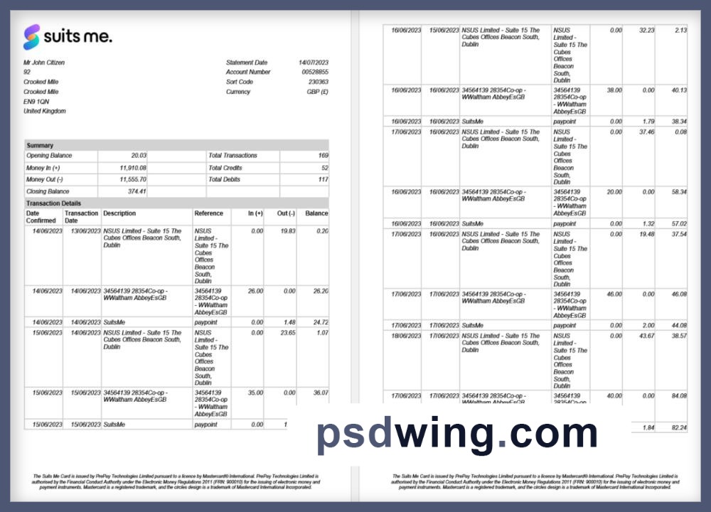 United Kingdom Suits Me Bank Statement (2 Pages, Word)
